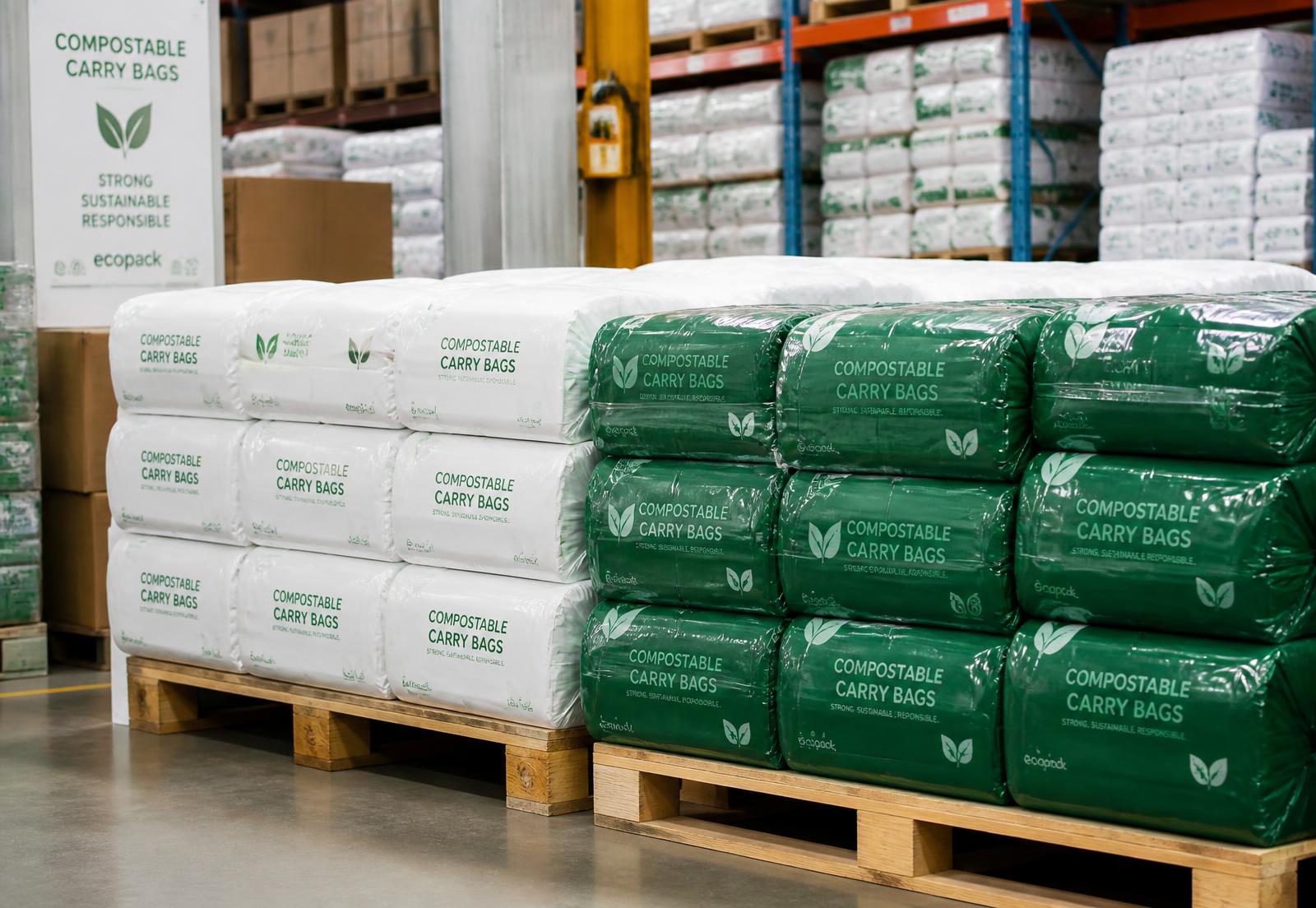 Stacked bundles of compostable carry bags in a clean warehouse