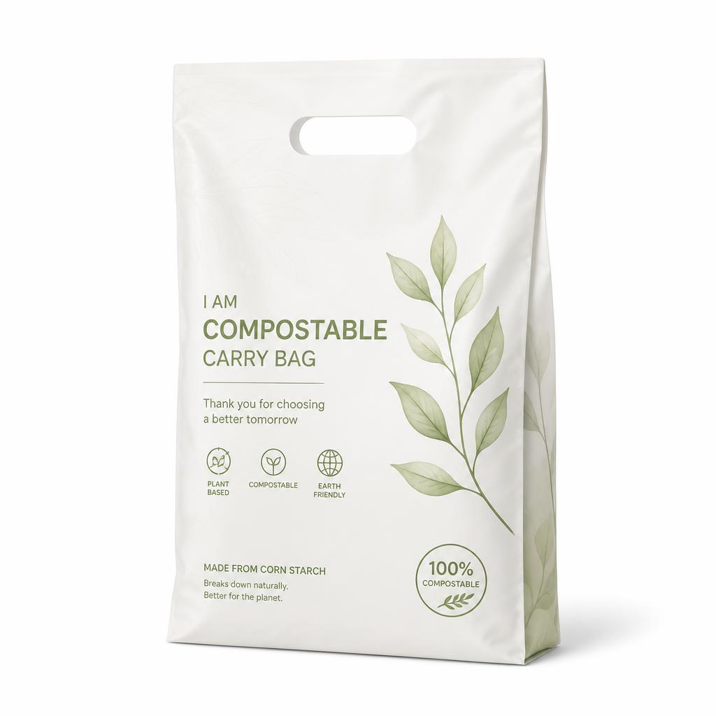 White D cut compostable carry bag with botanical print