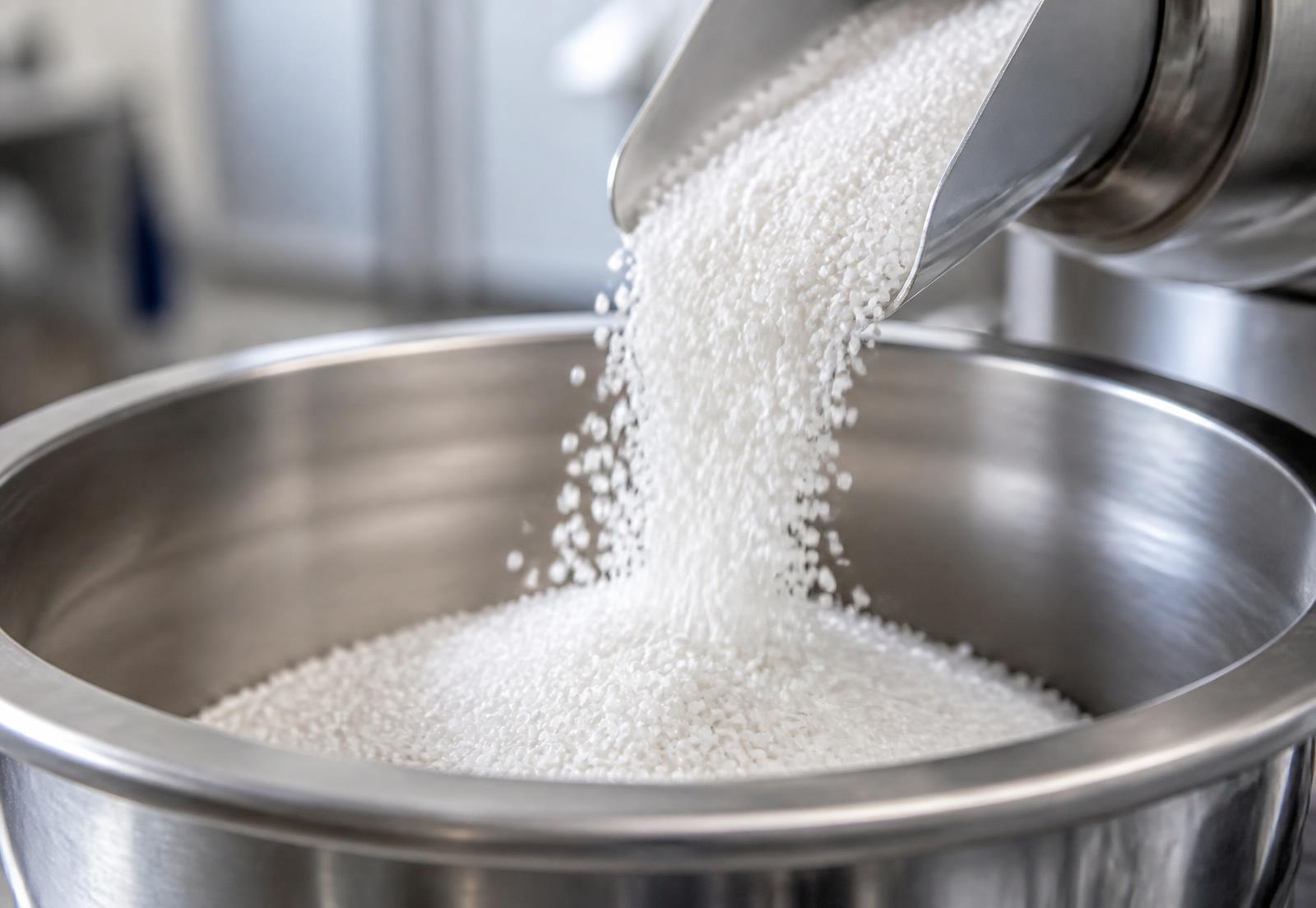 Compostable bio-resin granules pouring into a stainless steel hopper